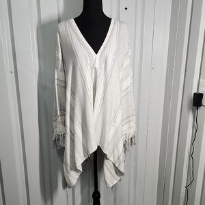 Minnie Rose Womens Cotton Cashmere Shawl Poncho Gray Off White Striped One Size